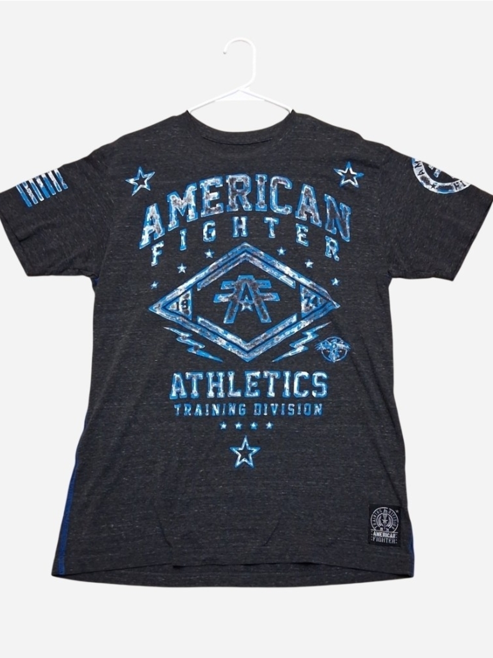 American Fighter Charcoal Heather Short Sleeve Tee with Blue Graphic